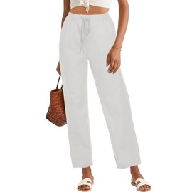 HVEPUO Womens High Waisted Casual Elastic Waist Drawstring Twill Pants Straight Leg Lightweight Cotton Trousers with Pockets White XL