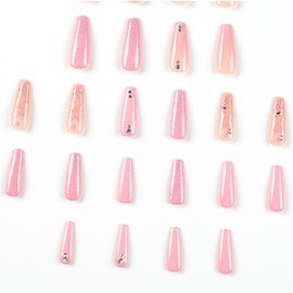 MUZOXEN Valentines Day Press on Nails Long Coffin Light Pink Rhinestone Sequins Glitter Heart Fake Nails Designs Ballet Acrylic False Nails with Stick Glue on Valentine Nails for Women Girls 24 Pcs