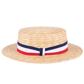 ZAKIRA Classic Straw Boater Hat Handmade from Natural Straw in Union Jack Colours (Red-White-Blue Band, XL)