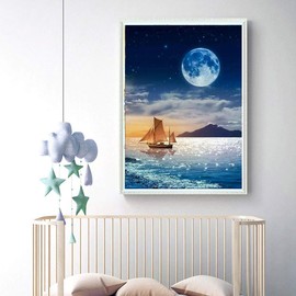 5D Diamond Painting Diamond Painting Pictures, Wowdecor Ferry Boat Sea Moon Starry Sky Full Set Large DIY Diamond Painting by Numbers