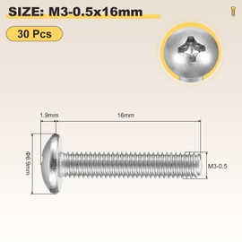 METALLIXITY Machine Screws Phillips Head(M3-0.5x16) 30Pcs, 304 Stainless Steel Round Head Phillips Drive Furniture Bolts - for Woodworking & Furniture Assembly, Silver