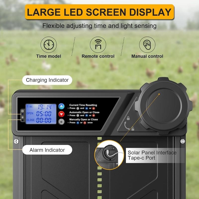 Solar Powered Automatic Chicken Coop Door, LCD Display Chicken Coop