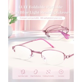 LUFF Pocket Folding Reading Glasses, Compact Reading Glasses with Lether Case, Foldable Readers Blue Light Anti Eyestrain