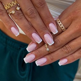 Square False Nails with Glue - 24 Pcs Press on Nails - Nude White Fake Nails - Pink Glossy French Tip False Nails Short- Acrylic Full Cover Stick on Nails with Elegant Design