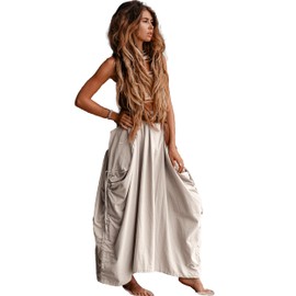 Thaluta Women's Maxi Boho Skirt with Pockets Bohemian Organic Cotton Hippie Gypsy (Ivory)