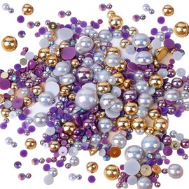 HugeDE 50 Gram Half Faux Pearls Resin Flatback Rhinestones Craft Jewelry Pearls Nail Art Rhinestones Half Round Pearl Beads for Decoration Purple Golden Silver