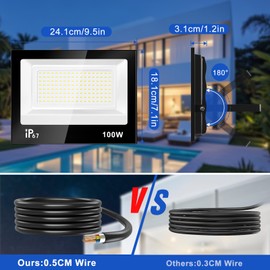 URTBST 100 W LED Outdoor Spotlight, 10000 lm, 7000 K, Cool White Spotlight, IP67 Waterproof, Super Bright Floodlight, Outdoor Spotlight for Garden, Garage, Yard