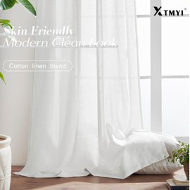 XTMYI 70 Inch Wide White Back Tab/Hook Belt Linen Cotton Sheer Curtains for Bedroom,2 Panels,96 Inch Length