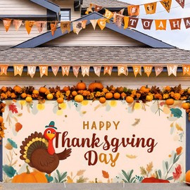 ANNA QUEEN Garage Door Banner 6 x 13FT, Happy Thanksgiving Day Outdoor Decoration with Turkey & Fall Leaves, Autumn Harvest Porch Decor for Home Yard Party Lawn