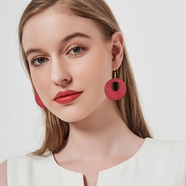 Seakuur Hollow Out Natural Wooden Earrings for Women Vintage African Bohemian Ethnic Wood Big Round Circle Geometric Lightweight Dangle Drop Hook Earrings (Wine Red)