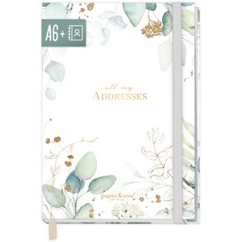 paper&you® A6+ Address Book with A-Z Index and 120 g/m² Premium Paper "Gold Leaf" Book for Contacts, Birthdays & Passwords - Sustainable and Climate Friendly