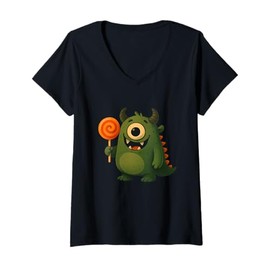 Womens Cute Cyclops Monster with Lollipop V-Neck T-Shirt