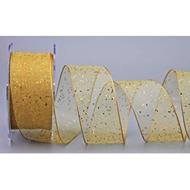 Decorative Ribbon Glitter Gold 20 m x 40 mm (Roll) Fabric Ribbon Transparent Beige Shiny Organza with Wired Edges Elegant Christmas Advent Birthday Premium Glitter Ribbon
