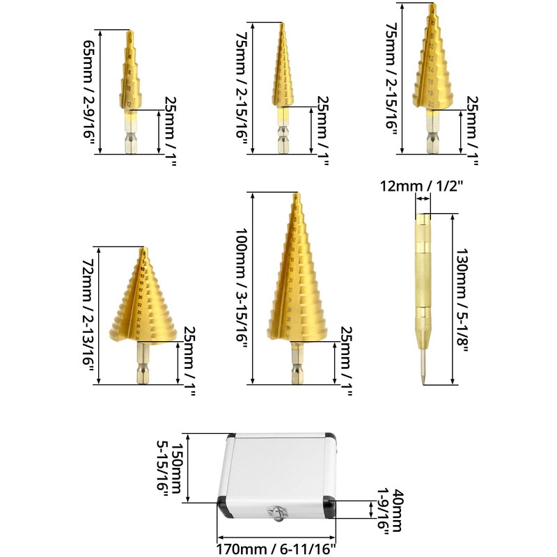 QWORK® 5-Piece Step Drill Taper Drill Bit Titanium Coated HSS