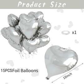 Silver Foil Heart Balloons, 15PCS Silver Heart Shape Balloons, Valentines Balloons 18inch Love Foil Balloons for Valentines Day Wedding Engagement Birthday Baby Shower Party Balloons