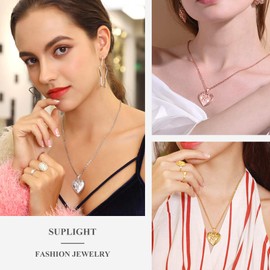 Suplight Women's Locket Necklace, Memorial Locket with Picture, Platinum Retro Vintage Rose Flower Heart Shaped Image Photo Locket Pendant Necklace for Girsl