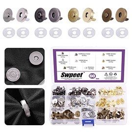 Swpeet - Juego de 60 cierres magnéticos de botones, cierres de metal de 14 mm, dorado, plateado, bronce, negro, manualidades, costura, juegos de botones para costura, bolsos, ropa, piel