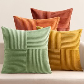 EMEMA Corduroy Cushion Cover, Set of 4, Patchwork Cushion Cover, 40 x 40 cm, Decorative Cushion Sofa Cushion, Corduroy Decorative Cushion for Sofa, Armchair, Home, Bedroom, Orange-Green Series