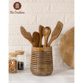 Mie Creations Rustic 7'' Large Utensil Crock Holder for Kitchen Countertop | Wooden Cooking Spatula Organizer for Party, Mothers Day Christmas Utensils Caddy, Vintage Kitchen Counter Decor-Dark Brown