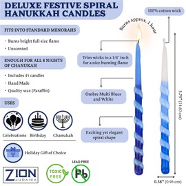 Zion Judaica Ltd Set of 45 Dripless Hanukkah Candles Spiral Candle Includes a DIY Dreidel, Prayer Card, Standard Size Menorah Candles for Eight Nights of Chanukah, Multi Tone Blue and White Ombre