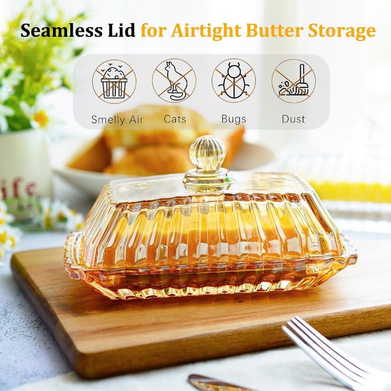 Champagne Covered Butter Dish for Countertop 6.5inch Glass Butter Dish