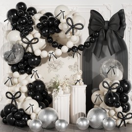 JOGAMS 175Pcs Black Bow Balloons Arch Kit with 260 Clear Disco Ball Balloons Black Ribbon Bow for Bow Coquette Birthday Baby Shower Decorations Bachelorette Bridal Shower Party