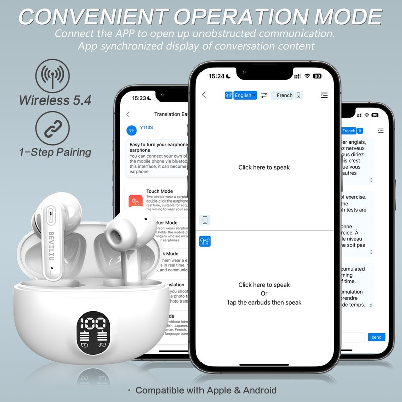 Beviliu Translation Earbuds Real Time, 144 Languages 4 Modes Translate