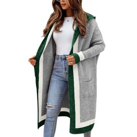 chouyatou Women's Color Block Vertical Striped Open Front Oversized Hooded Long Cardigan Sweaters with Pockets (Medium, Gray)