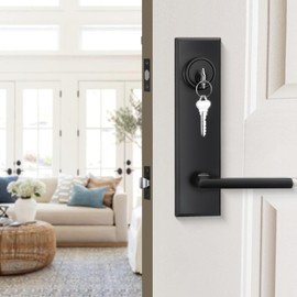 Haidms Black Front Door Handle - Entry Door Lever and Deadbolt Set, Matte Black Exterior Door Lock Set, Modern Square Front Door Handles