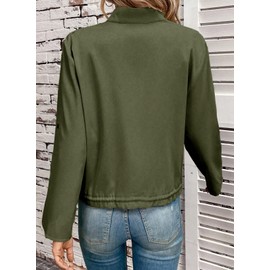 EVALESS Womens Zip Up Green Utility Jacket Roll Up Sleeve Fashion Tops Mock Neck Adjustable Hem Light Weight Fall Coat Small