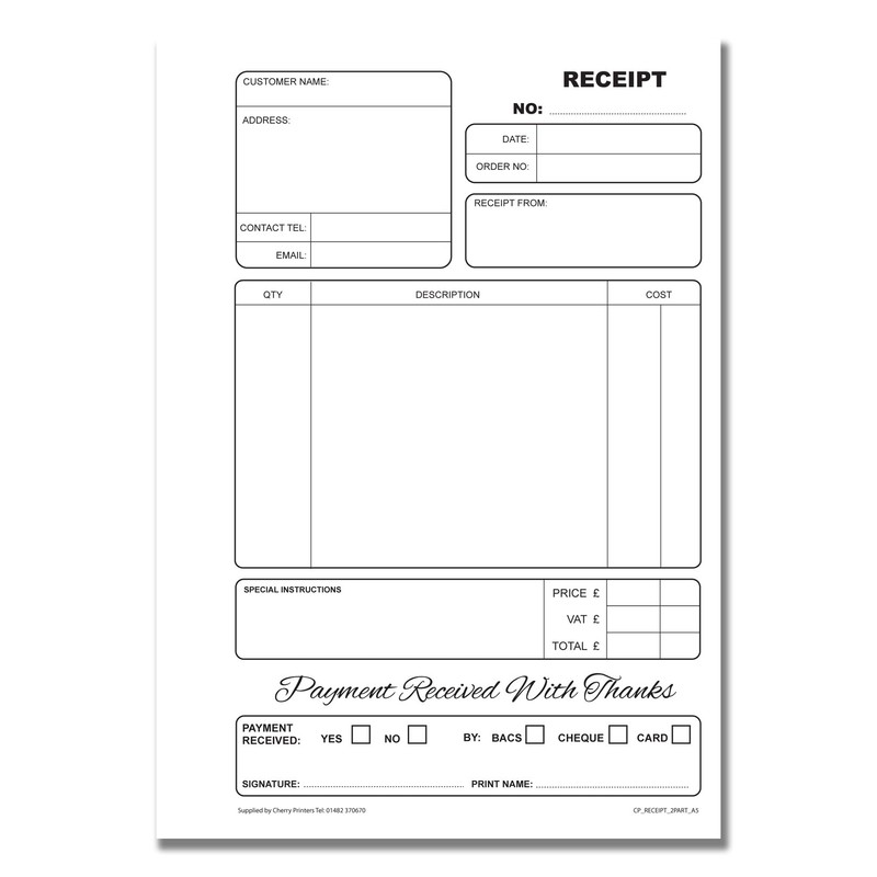 Cherry Carbonless Receipt Duplicate Book A5 | 50 Sets |