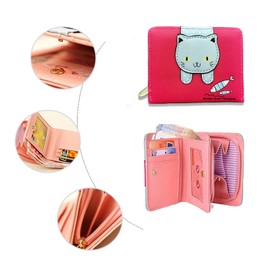 Spldsun Women's Cartoon Cat Wallet, Cat Decoration Zip Purse, Leather Small Purse with Zip, Gifts for Girls, rose red, Playful