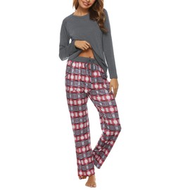 Marvmys Womens Cotton Plaid Pajamas Sets Short Sleeve Sleepwear 2 Piece Pjs Lounge Sets with Pockets, Dark Grey-Long Sleeve, XX-Large