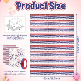 Apol Patriotic Birthday Wrapping Paper,4 Sheets Red White and Blue Gift Wrapping Paper Striped Star Craft Papers with Red and Blue Ribbon for July USA Independence Day Memorial Day,28x20 Inches