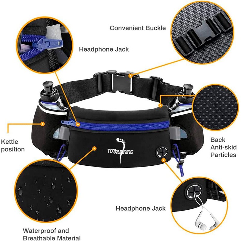 Adjustable Running Belt with Zip Pocket, 2 Water Bottles, 2