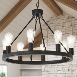 NILSE Wagon Wheel Chandelier Farmhouse 24-Inch, 8-Light Modern Black Chandelier for Dining Room, Round Iron Industrial Chandeliers Light Fixture for Living Room, Foyer, Entryway, E26