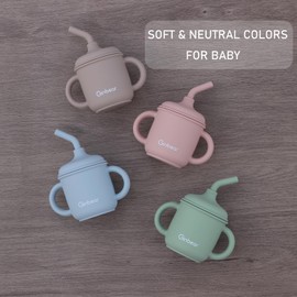 Ginbear 2-in-1 Sip-N-Straw Baby Cup, Spill Proof Non-toxic BPA Free Food Grade Silicone Training Transition Sippy Cup for Toddler 6 Months+ (Hazy Green)