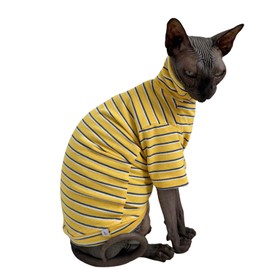 Vintage Stripes Sphynx Hairless Cats Shirt Cotton Cat Turtleneck Pet Clothes Kitten T-Shirts with Sleeves for Sphynx Cornish Rex, Devon Rex, Peterbald (Yellow Stripe, X-Large (Pack of 1))