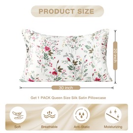 MANSPHIL White Pink Silk Pillowcase Floral Pattern, Soft Silky Satin Pillow Cases for Hair and Skin Envelope Closure, 22 Momme 6A Grade 100% Silk, 20"x30", Queen
