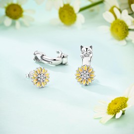 LAZA 925 Sterling Silver Stud Earrings for Women Cat and Sunflower Earrings