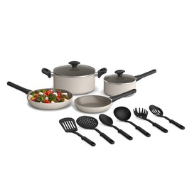 bella 12 Piece Cookware Set with EverGood™ Ceramic Nonstick Coating​, Dishwasher & Oven Safe, All Stovetops Compatible, Tempered Glass Lids and Cool Touch Handles, Oatmilk