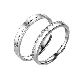 Two-in-One Matching Rings for Women Men Set, Adjustable 925 Sterling Silver Promise Ring Couple Wedding Band Rings for Him and Her, Silver Plated, Cubic Zirconia