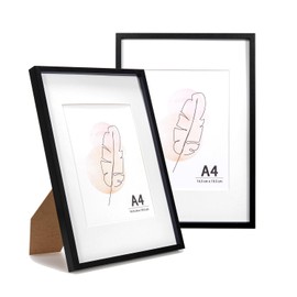 KAIWIN Picture Frame A4 Black Wood Photo Frames Set of 2 Wooden Frames with Mount for Hanging and Standing, Used for Living Room, Bedroom, Study, for Photos, Artworks and Posters