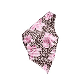 MakeMeChic Women's Floral Leopard Print Tank One Shoulder Ruched Sleeveless Y2k Crop Tops Pink Small