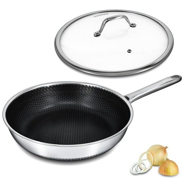 Bakoniion Hybrid Nonstick Frying Pan with Lid 12 Inch,Stainless Steel