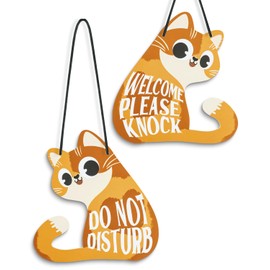 Putuo Decor Do Not Disturb Sign Welcome Please Knock, Cute Cat Door Sign Decor Reversible Double Sided Aesthetic Hanger Plaque for Room Front Door Porch Home Decor, Cat Lover Gifts Orange