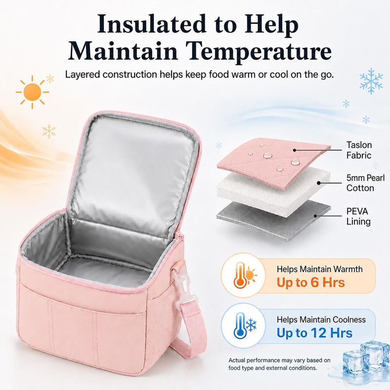 Lunch Bag for Women Insulated Pink Lunch Box Quilted Puffer