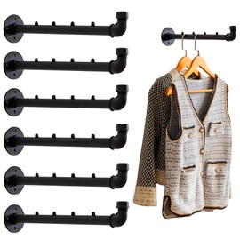 Industrial Wall Pipe Clothes Bar - Heavy Duty Metal Coat Hanger with Hook, Wall-Mounted Garment Holder Racks,Wall Clothing Racks/Hanging Rail, 6Pcs