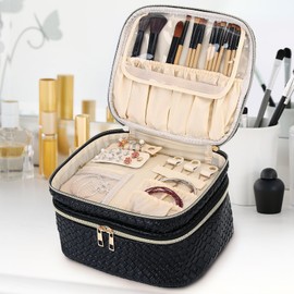 LOFOWN Large Makeup Bag for Women Double Layer Cosmetic Bag with Jewelry Organizer Compartment Waterproof Travel Toiletry Bag (B/Black)