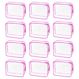 uxcell Clear Toiletry Bag, 12 Pcs PVC Transparent Makeup Bag for Women Man, Cosmetic Pouch Bags with Zipper for Travel Makeup Organizer Pouch, Rose Pink(XL Size)